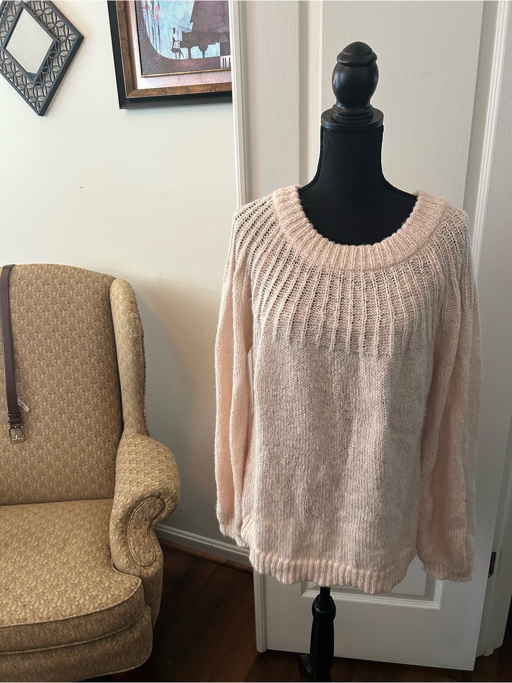 LC Lauren Conrad Pale Pink Ribbed Yoke Crewneck Sweater